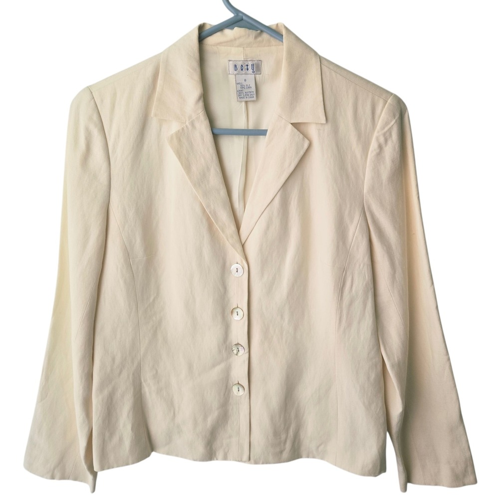 Betu Cream Silk Linen Blend Blazer Jacket Size 8 Ivory Button Front Professional
